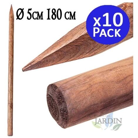 Lot 10 x Poteau en bois, Tuteur d'arbre Ø5 cm x 180cm, poteaux bois ronds avec piquets, palissades, piquets de fixation, piquets