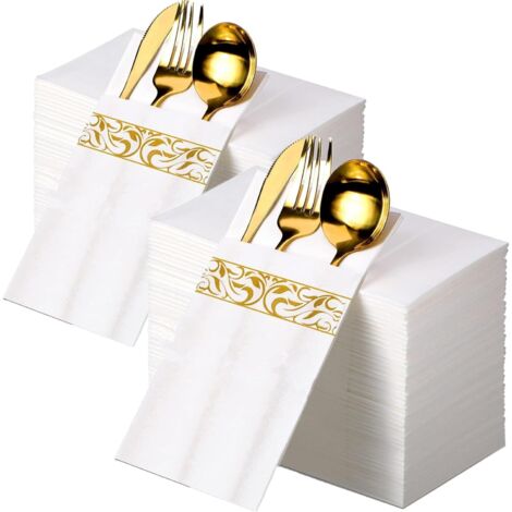 Lot 100 serviettes tissu mariage – poche couverts, blanc toucher lin, pré-pliées, doré
