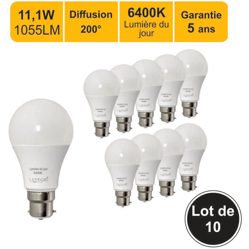 Lutece-arc - Lot 10 ampoules led B22 11,1W 1055Lm 6400K - garantie 5 ans