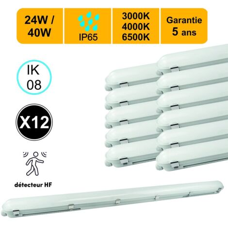 Lot 12 réglettes LED IP65 120cm 24/40W - 3CCT - détecteur mouvement - traversant - garantie 5 ans