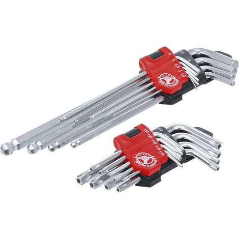 Lot 18 cles coudees longues profil torx t10 - t50 et six pans males 1,5 - 10mm
