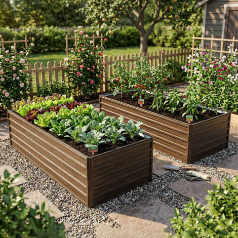lot 2 Bac de jardin surélevé métal 190x90x64 cm, fond ouvert, plante lourd, résistant intempéries et rouille, pour légumes fleurs terrasse, Bois