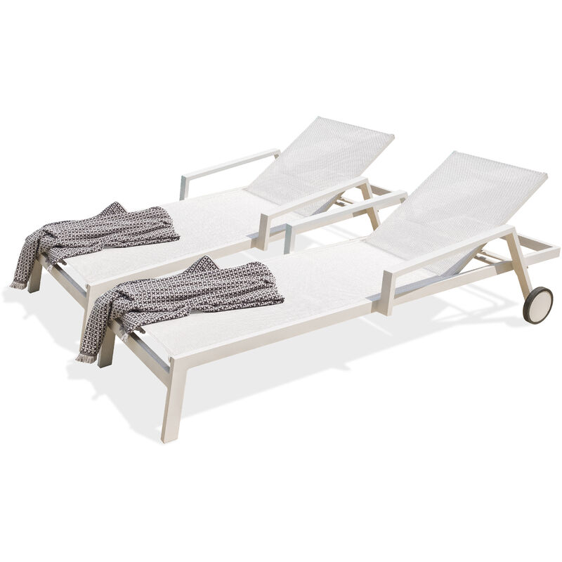 IBIZA - Lot de 2 bains de soleil en aluminium et toile plastifiée blanche - PARIS GARDEN