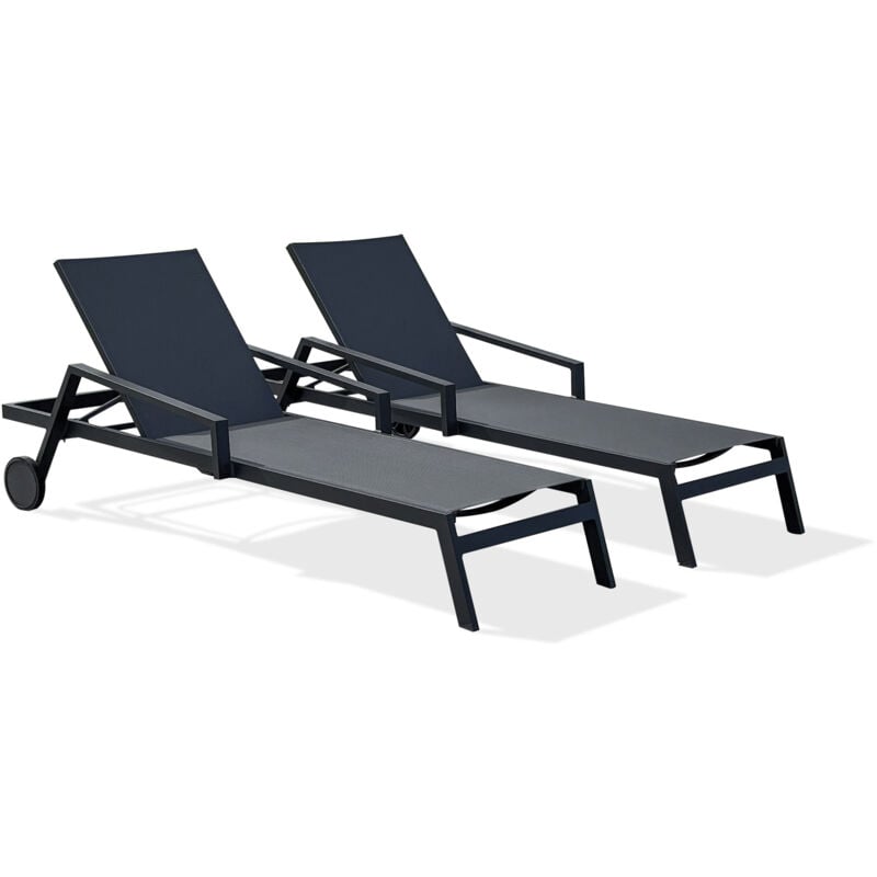 Parisgarden - ibiza - Lot de 2 bains de soleil en aluminium et toile plastifiée anthracite - paris garden