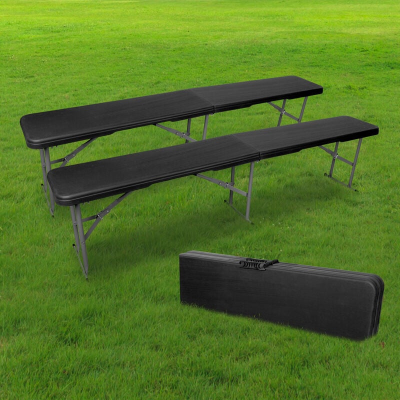 Skylantern - lot 2 Bancs Pliables Noir 180cm - Lot de Deux Bancs Pliants pour Table de Camping - x2 Banc Pliable Idéal pour baptêmes, mariages,