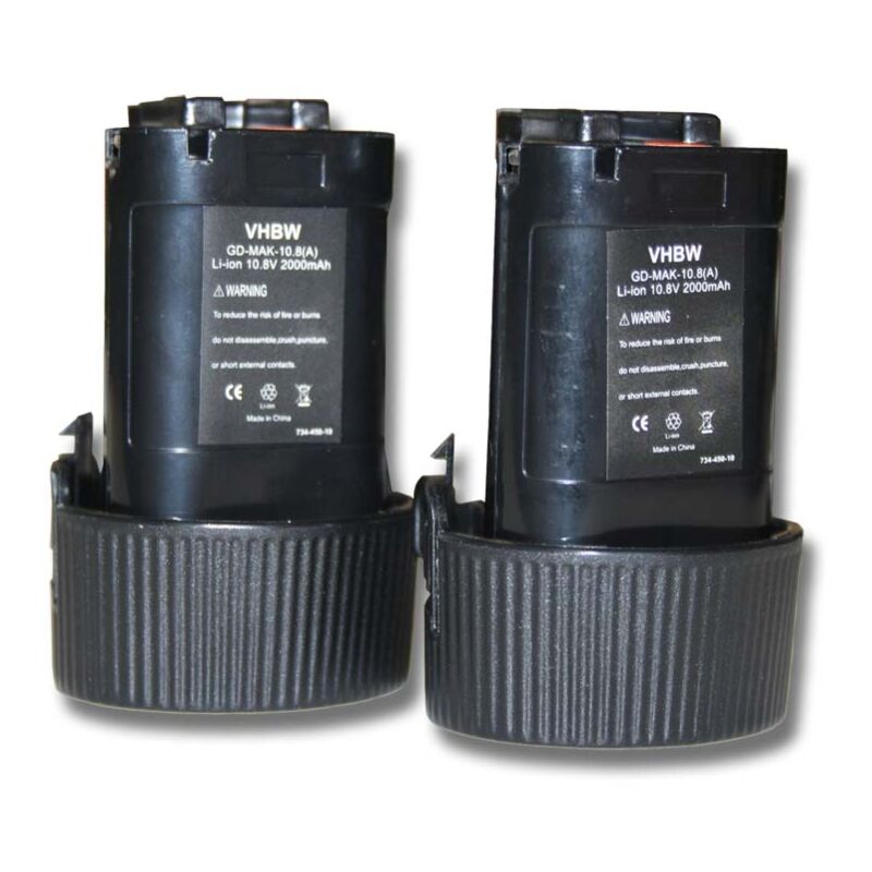Lot 2 batteries Li-Ion vhbw 2000mAh (10.8V) pour outils ML100 LED, ML101W, MU01, MU01Z, SH01, SH01W comme Makita 194550-6, 194551-4, BL1013, BL1014.