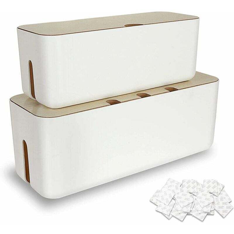 Lot 2 Boîte Cache Câble, Grand Boîte de Rangement pour Câbles en Plastique ABS ave Couvercle Bois, Grand et Petit Boite Cache Multiprise Pour