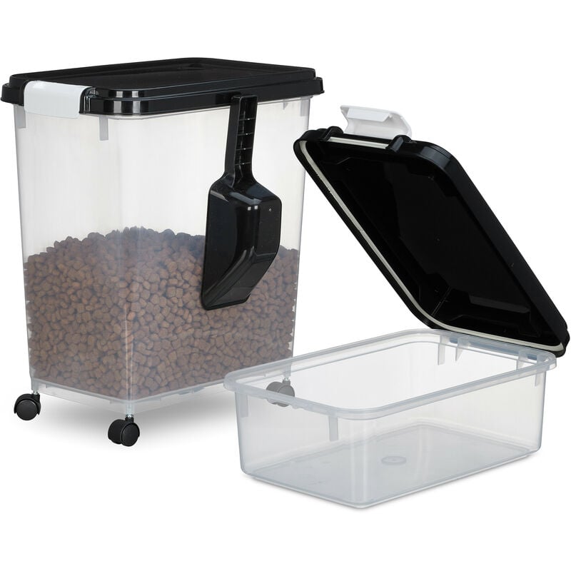 Lot 2 boîtes de rangement pour nourriture de chien, 10 l et 30 l, couvercle, roues, pelle, transparent - noir - Relaxdays