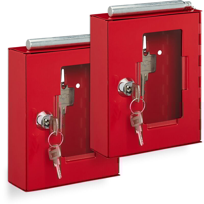 Relaxdays - Lot 2 boîtes à clés, avec vitre de verre, avec marteau brise-glace, verrouillable, métal, range-clefs, rouge