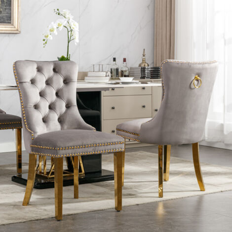 Lot 2 chaises bois massif gris/or - Rembourrage velours - Pieds acier inox doré forme tête clou - Pour salle à manger, salon - Design luxueux