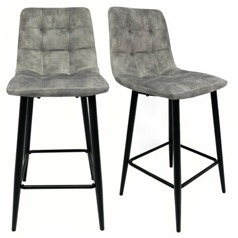 Lot 2 chaises de bar en velours gris clair et piètement métal - NAMI - Gris