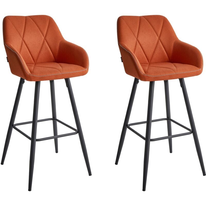 Beliani - Lot 2 Chaises de Bar Modernes Assise Rembourrée en Tissu Orange avec Accoudoirs et Pieds en Métal Noirs Darien
