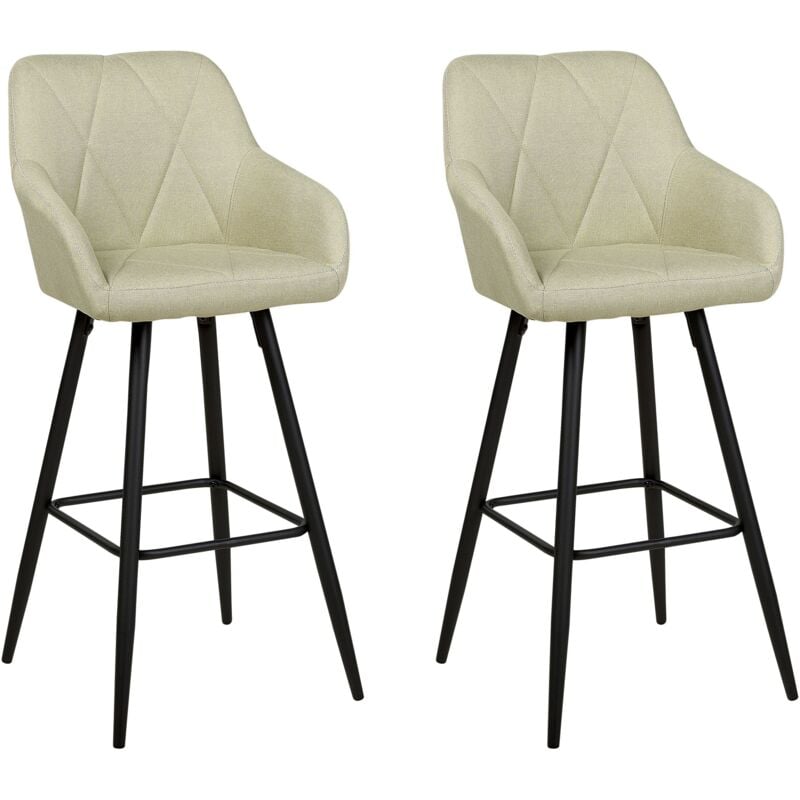 Beliani - Lot 2 Chaises de Bar Modernes Assise Rembourrée en Tissu Vert Clair avec Accoudoirs et Pieds en Métal Noirs Darien
