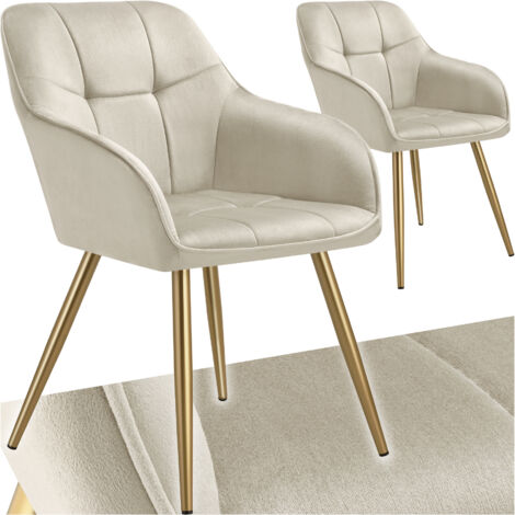 Lot 2 chaises de salle à manger avec aspect velours capitonné crème/or