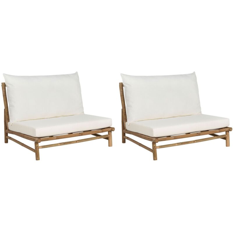 Lot 2 Chaises en Bois de Bambou avec Coussins d'Assise et Dossier pour Intérieur et Extérieur Bois Clair et Blanc Cassé Todi