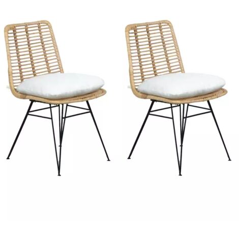 Lot 2 chaises en rotin naturel avec coussins et pieds métal - KANDY