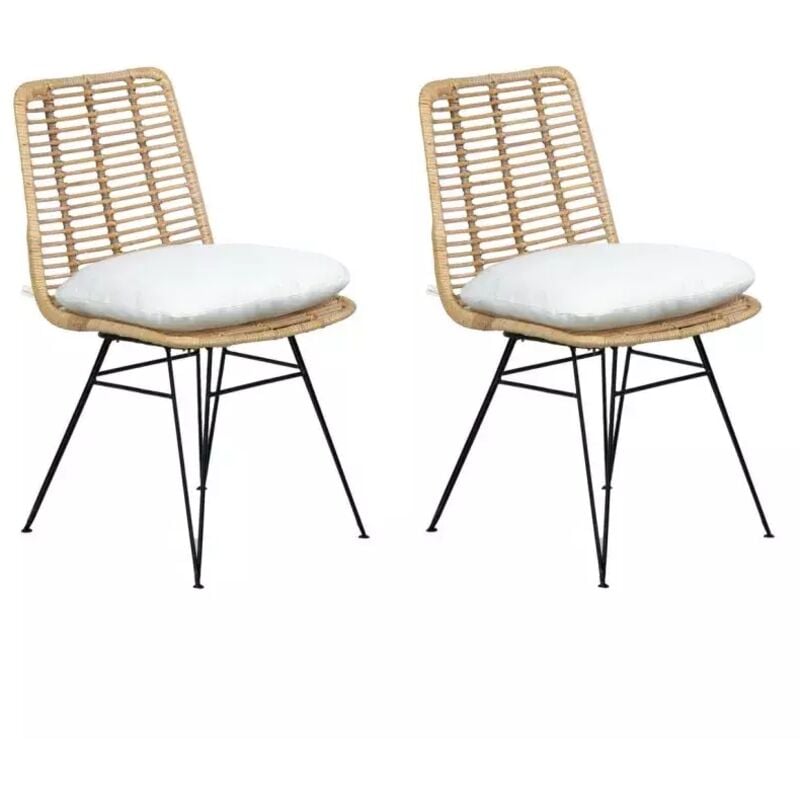 Meubletmoi - Lot 2 chaises en rotin naturel avec coussins et pieds métal - kandy
