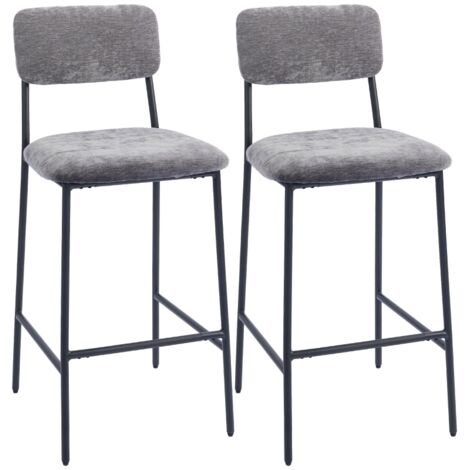 Lot 2 chaises hautes grises - Coussin - Pieds réglables - Tapis tissu - Structure acier - Pour comptoir cuisine, bureau, bar