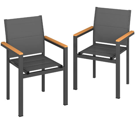 Lot 2 chaises jardin empilables assise dossier rembourrés accoudoir bois plastique 56x55x85 cm gris foncé