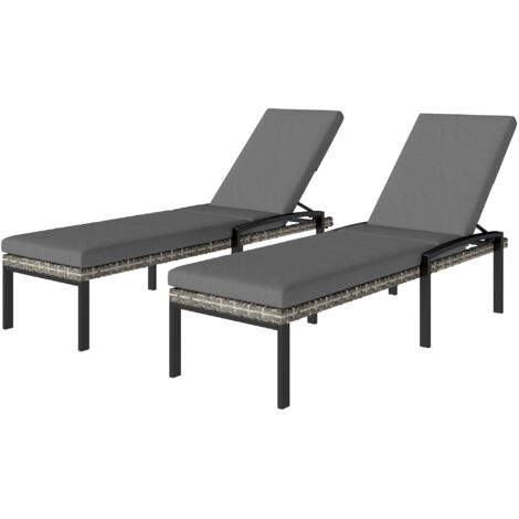Lot 2 chaises longues en résine tressée, transat de jardin avec dossier réglable sur 5 positions, coussin inclus, support jusqu'à 120 kg, gris clair