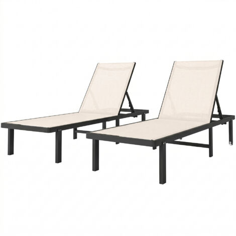 Lot 2 chaises longues inclinables roulettes dossier réglable 4 niveaux structure alu tissu textile, beige