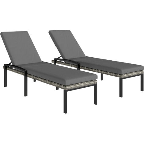 Lot 2 chaises longues jardin rotin poly réglables 5 directions jusqu'à 120 kg, gris clair