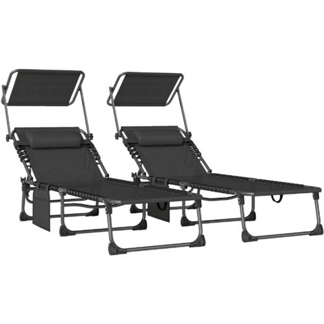 Lot 2 chaises longues pliantes appui-tête parasol poche latérale dossier inclinable 5 positions, noires