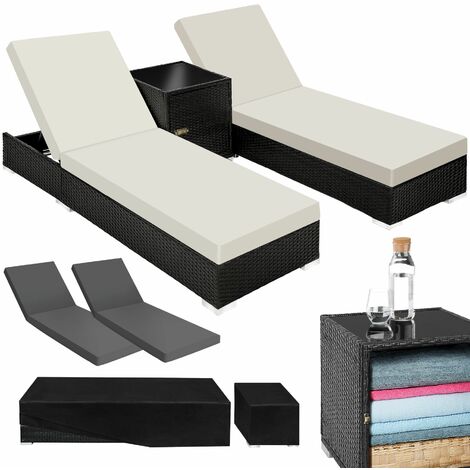Lot 2 chaises longues rotin aluminium réglable, noir 184x60x21cm
