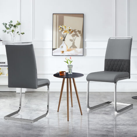 Lot 2 chaises modernes grises - Dossier similicuir/lin - Assise haute coussin - Pour salle à manger, cuisine, bureau - Design ergonomique