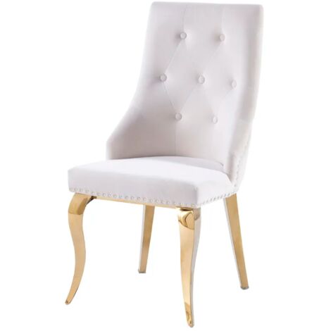 Lot 2 Chaises Salle à Manger Anneau Velours Écru Capitonnées Cloutées Pieds Gold