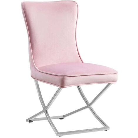 Lot 2 Chaises Salle à Manger Gabrielle Capitonnées Velours Rose Pieds Chrome 59x52x95cm