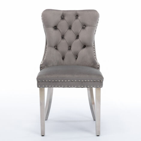 Lot 2 chaises salle à manger Nikki DE1701GY,velours haut de gamme bois massif,pieds acier chromé,finition clous gris chromé