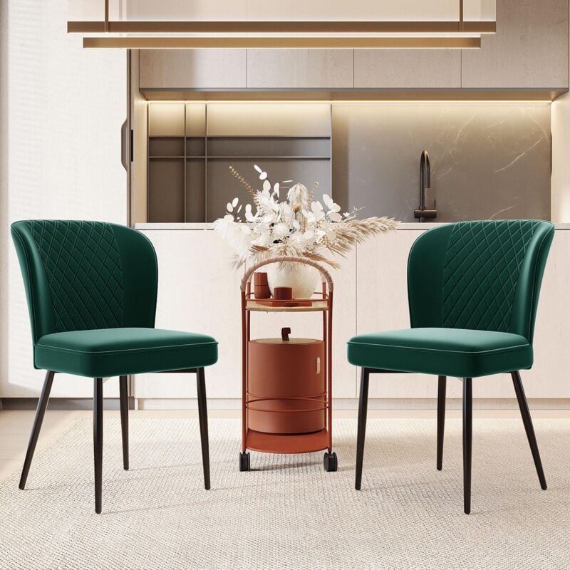 Lot 2 chaises salle à manger, velours, dossier tapissé, structure métal, chaise scandinave - Vert - Vert