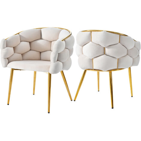 Lot 2 chaises velours luxe beige forme bulle - Pieds fer dorés - Ergonomiques - Pour salon, salle à manger, maquillage - Design moderne confortable