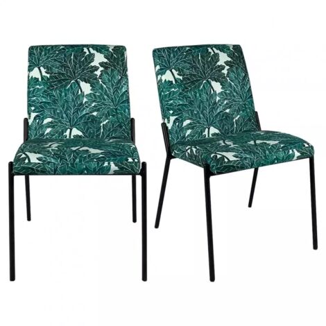 Lot 2 chaises vertes tissu motif feuilles pieds métal noir - OFFICE 1685