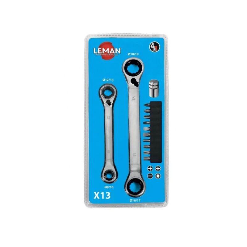 Leman - Lot 2 clés polygonales 4 en 1 à cliquet et 10 embouts