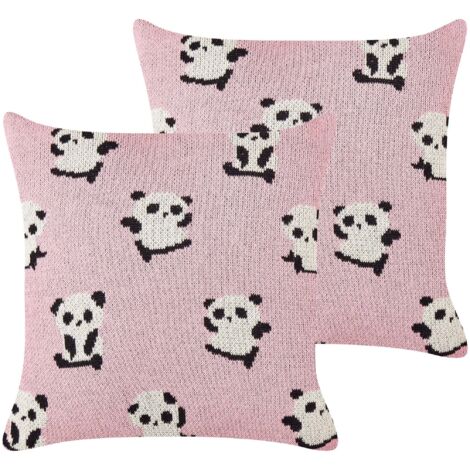 Lot 2 Coussins Décoratifs Chambre Enfant Motif Pandas 45 x 45 cm Housses Amovibles en Coton Rose Talokan