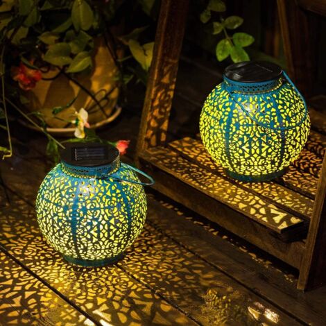 Lot 2 grandes lanternes solaires rondes métal bleu