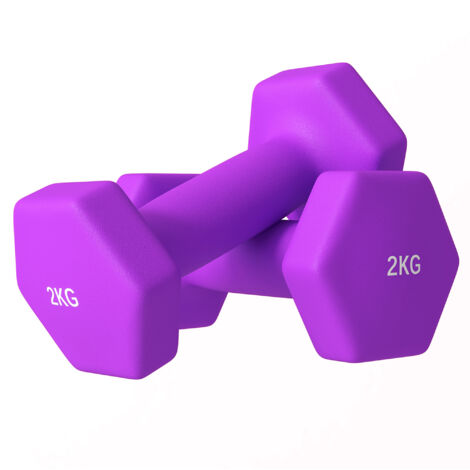 Lot 2 haltères hexagonales 2x2 kg métal plastique 16x7,5x7,5 cm fitness maison violet