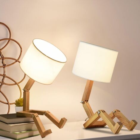 Lot 2 Lampes Table Robot Bois LED Réglables Décoration Chambre Enfant Bureau