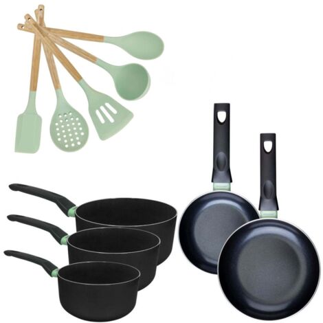 Lot 2 Poêles 16/20cm et 3 Casseroles 16/18/20cm Fackelmann Brandao avec 5 ustensiles Océan