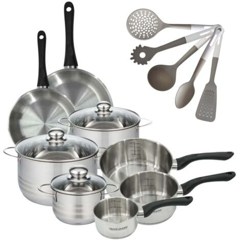 Lot 2 Poêles 20/24 cm, 3 Faitouts 16/20/24 cm & 3 Casseroles 12/16,/20 cm Fackelmann Geneva et 5 Ustensiles