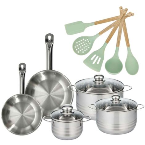 Lot 2 Poêles 20/24cm et 3 Faitouts 16/20/24cm Fackelmann Etherna avec 5 ustensiles
