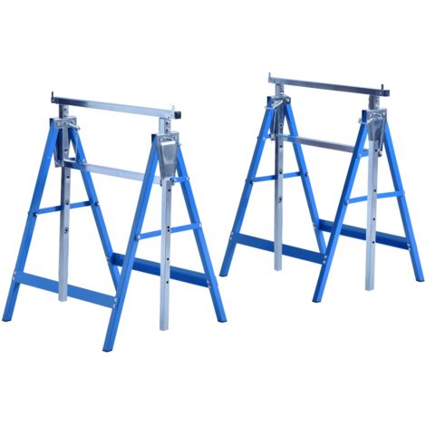 Lot 2 ponts métalliques pliables, tréteaux acier hauteur réglable, 68x58x80-130 cm, bleu
