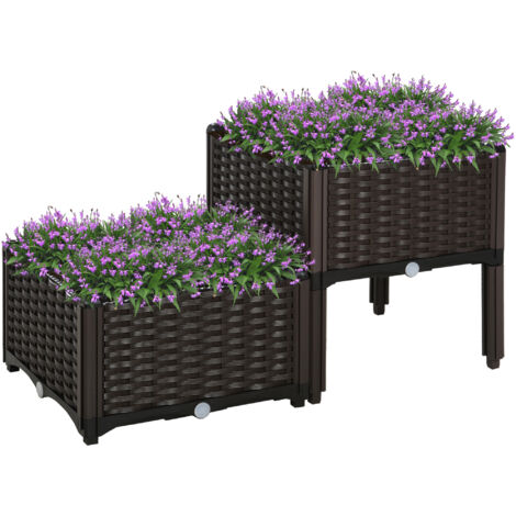 Lot 2 pots carrés fleurs/plantes trous drainage pattes, 40x40x26/44 cm, brun