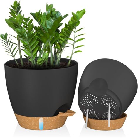 Lot 2 pots fleurs 25cm auto-arrosants - Trous drainage + orifice arrosage - Plastique résistant - Plantes intérieur/extérieur - Noir
