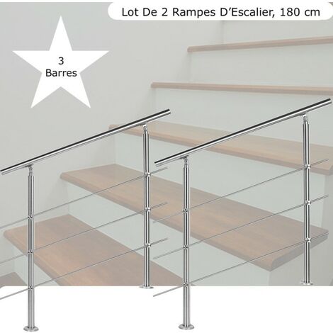 Lot, 2 Rampes D'Escalier Sur Pied, 180cm, Acier Inoxydable, 3 Barres