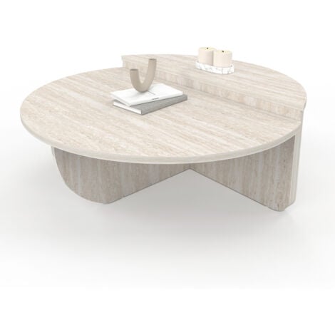 IDMARKET Lot 2 runde Couchtische GUILIA asymmetrisch Travertin-Effekt