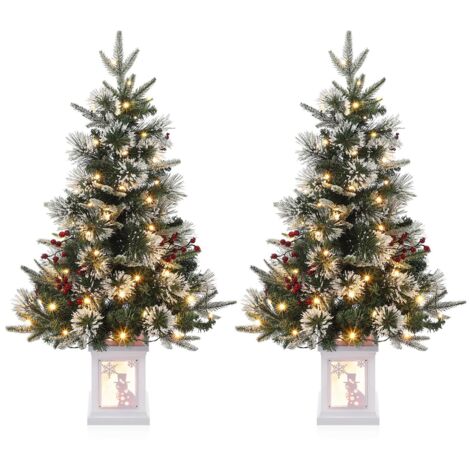 Lot 2 sapins de Noël artificiels 90 cm – 78 LED blanc chaud, neige floconnée, baies rouges – Pré-illuminé, fonction pile – Décoration intérieure