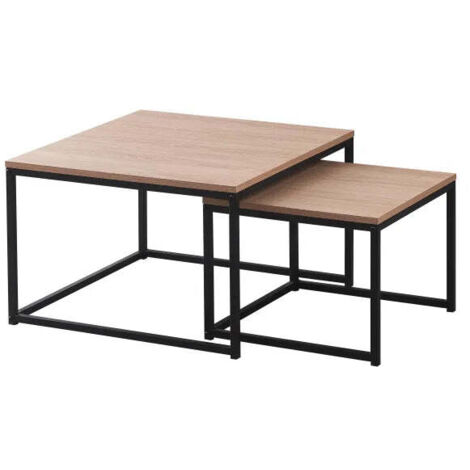 Lot 2 Tables Basses Gigognes BELGRADE Métal Noir Plateau Bois Effet Chêne Griffé 70x70x46 / 50x50x40cm